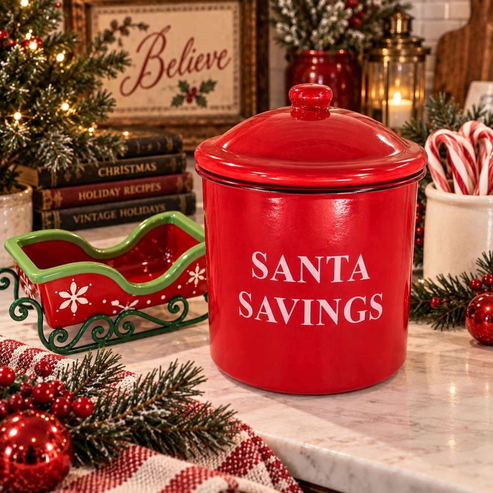 Santa Savings Jar Bank Red Enamelware Christmas Money Canister With Lid